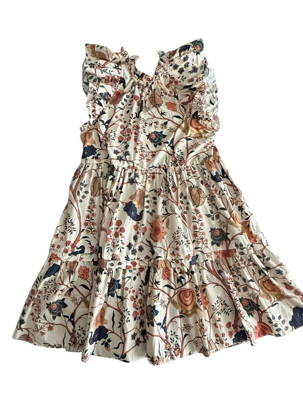 Ulla Johnson Cream Floral Tiered Ruffle Dress with Navy & Rust Accents